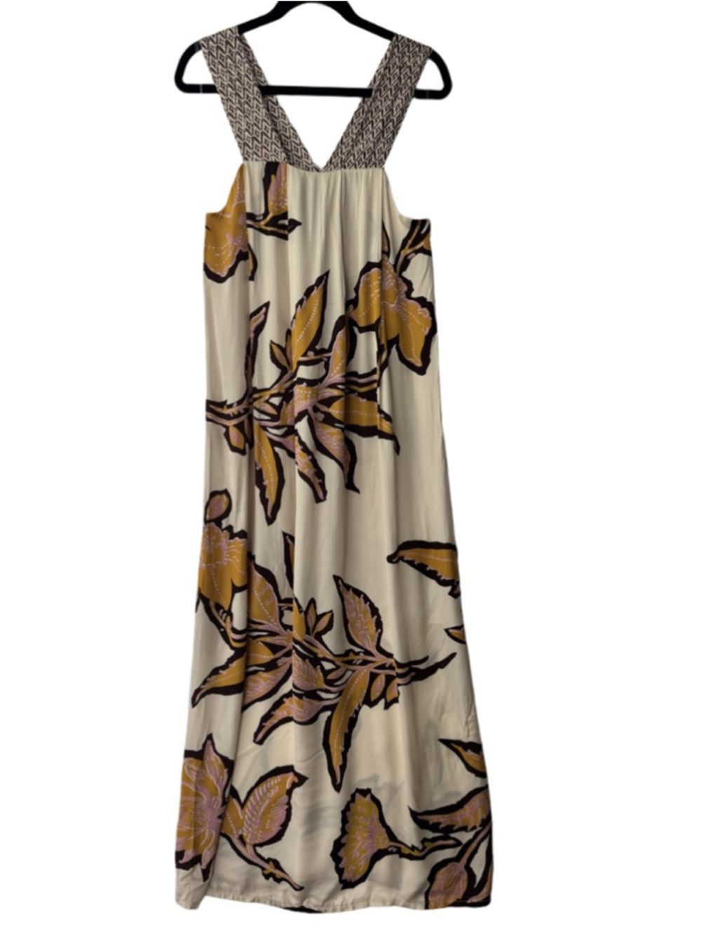 B-YU Floral Maxi Dress Beige Yellow Brown size Large Made in Italy
